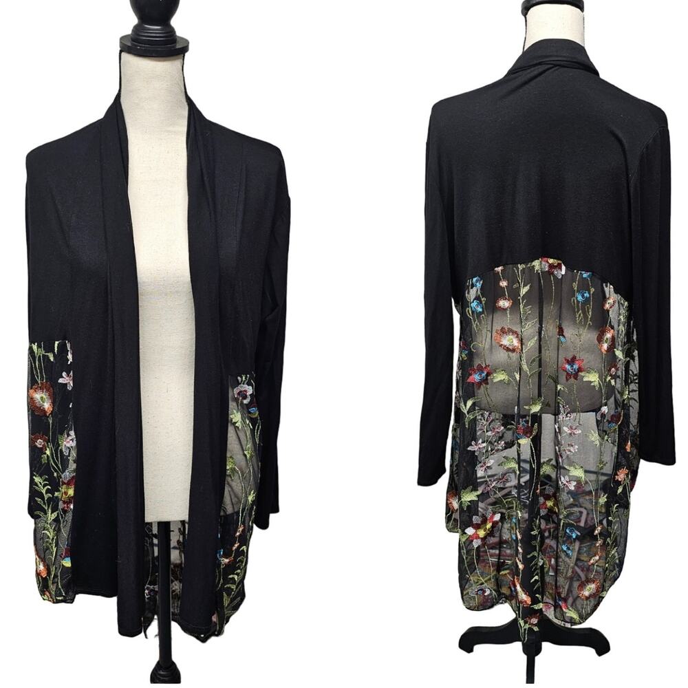 ChaCha Vente Embroidered Floral Longline Cardigan XL Sheer Black Whimsigoth